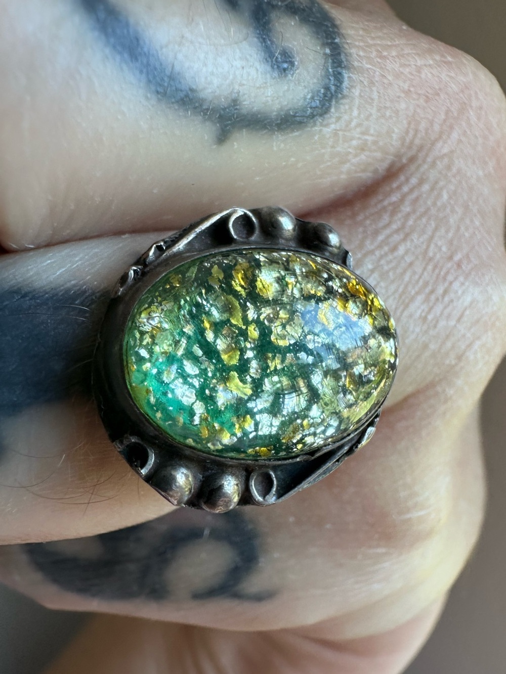 Vintage Mid Century Mexican Sterling Silver Harlequin Glass Opal Cabochon